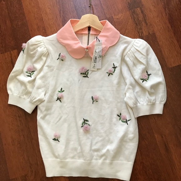 NWT Alice + Olivia Chase Puff Sleeve Floral Embroidery Collar Pullover Sweater M - Picture 10 of 16